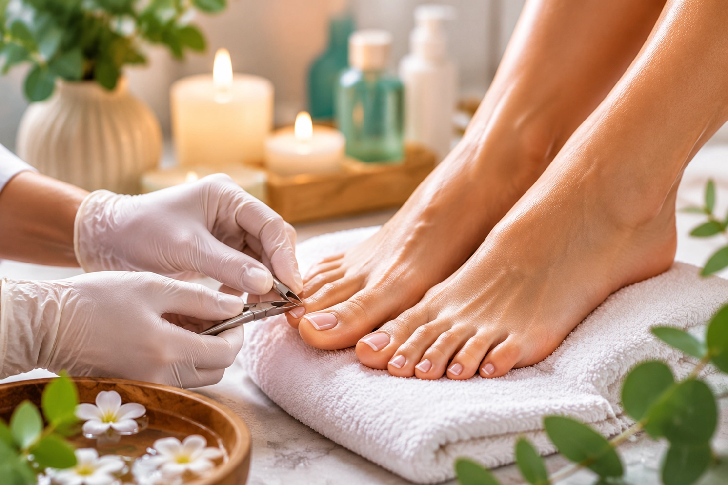 Marina Litwin - Behandlungen für Gesicht, Körper, Hände und Füße - Eine Kosmetikerin in weißen Handschuhen führt in einem Spa-Ambiente mit Kerzen und Grünpflanzen eine Pediküre an den Füßen einer Person durch, die auf einem weißen Handtuch ruhen.
